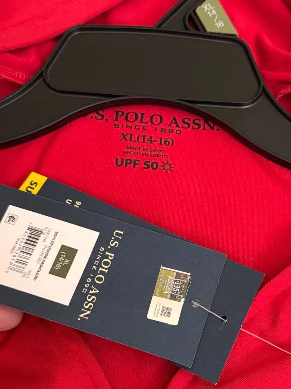 U.S Polo Assn. Boys Long Sleeve Hooded Zip-Up Rashguard, Size XL, Engine Red